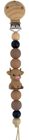 Little Jax Schnullerkette für Babys, ca. 18 cm, mit Clip, Buchenholz Schnullerhalter für Alltag und unterwegs, für Jungs und Mädchen (Kuh)