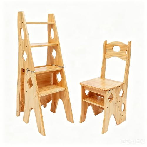 FortyFor Sedia a scala a 4 gradini, in legno di pino, 2 in 1, pieghevole, portata fino a 100 kg, per cucina, casa e biblioteca