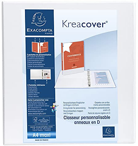 Exacompta 51824E Präsentationsringbuch KreaCover aus blickdichtem Kunststoff für DIN A4, 2-D Ring Mechanik 50 mm, Rücken 75 mm, weiß ideal für Schule und Büro Ringhefter Ringordner Ringbuchordner