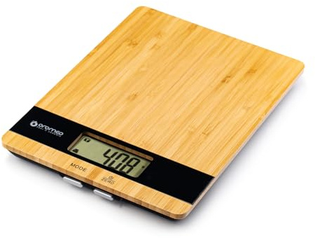 OROMED ORO-KITCHEN SCALE Küchenwaage mit LCD-Display, hohe Präzision 1 g/5 kg, 4 Maßeinheiten, Tariermöglichkeit - Smarte Bambuswaage, Schwarz