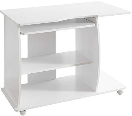WOHNLING mesa de ordenador DIANA enrollables blanco 90 x 71 x 50 cm con bandeja para teclado | mesa de ordenador portátil con ruedas | mesa de PC con bandeja de la impresora para ahorrar espacio | Escritorio para espacios pequeños