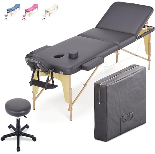 Beltom® Mobile Massagetisch Massageliege Massagebank 3 zonen klappbar + Kosmetik hocker - Schwarz