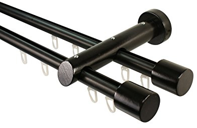 Innenlauf Gardinenstange 2-läufig aus Aluminium und Holz schwarz, 20 mm, Endstück Kappe, 180 cm