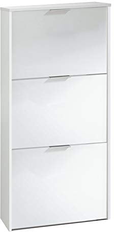 Meuble à chaussures 3 portes, Meuble à chaussures étroit, Fini en blanc brillant, Mesures : 60 cm (Largeur) x 113 cm (Hauteur) x 22 cm (Profondeur)