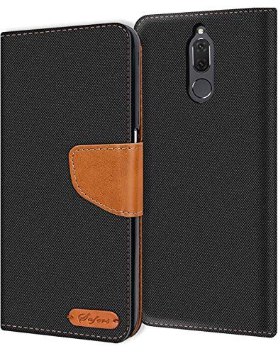 Conie Huawei Mate 10 Lite Hülle für Mate 10 Lite Tasche, Textil Denim Jeans Look Booklet Cover Handytasche Klapphülle Etui mit Kartenfächer, Schwarz