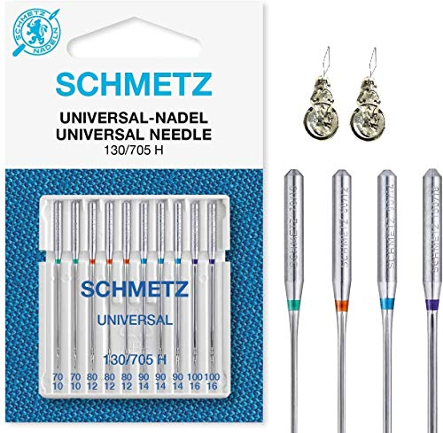 Sewing Machine Needles, Universal (Regular) Assorted, Sizes 70/10, 80/12, 90/14 & 100/16, Packet of 10 with 2 Needle Threaders