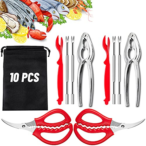 Lot de 10 outils de fruits de mer comprenant 6 fourchettes et 2 crackers à homard et 2 ciseaux à fruits de mer.