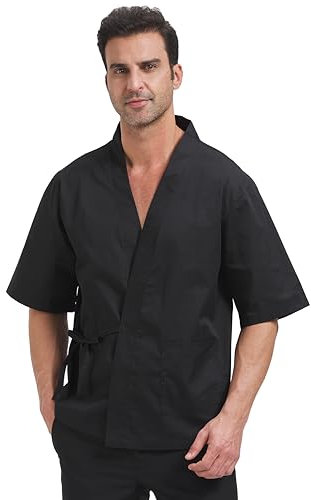 Nanxson Giacca da Chef in Cotone e Lino Stile Giapponese Traspirante Manica Corta da Cuoco Uniforme da Cuoco per Uomo CFM0074 (M, Nero)