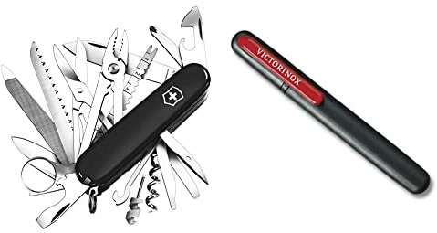 Victorinox Swiss Champ Swiss Army Pocket Knife, Medium, Multi Tool, 33 Functions, Blade, Scissors, Black & Dual Knife Sharpener, Swiss Made, Portable, Black/Red