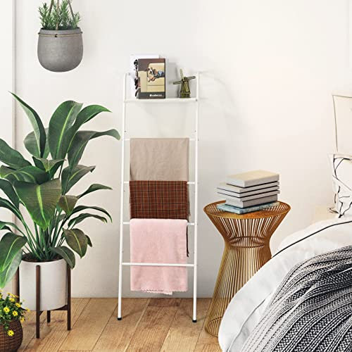 OYEAL Blanket Ladder Farmhouse Towel Rack Holder for Bathroom, Wall Leaning Decorative Quilt Rack with Shelf, Rustic Blanket Storage for Living Room Bedroom Home Decor, White