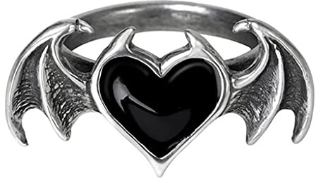 HANBOLI Ring, Gothic Soul Ring Black Red Heart Demon Wing Ring High Polish Finger Ring Wedding Band Cocktail Party Promise Ring Black