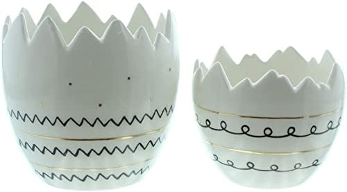 Dekoleidenschaft 2 Pflanzer Style aus Porzellan, weiß/schwarz/Gold, in Ei-Form, Übertopf, Blumentopf, Osterdeko, Pflanzgefäß Eierschale