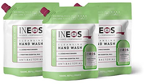 INEOS - Hand Soap Refills - Cleansing Handwash - Cucumber & Aloe - Liquid - Cleansing – Pack of 3 x 1L, Packaging May Vary