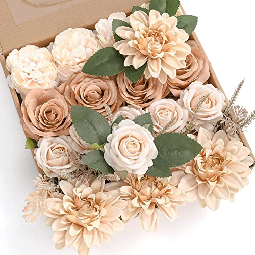 Künstliche Blumen Combo Box Set Farbverlauf Farbe Blume Blatt mit Stielen für DIY Hochzeit Blumensträuße Tafelaufsätze Babyparty Party Heimdekoration (Hautfarbe) Einheitsgröße