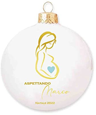 Pallina di Natale aspettando te in vetro Personalizzabile con nome del bambino natale 2022 colori assortiti regalo mamma in attesa
