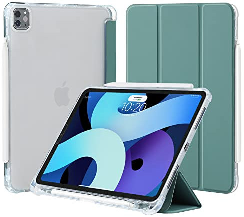 4UBonLife Funda para iPad Pro 11 Pulgadas 2022/2021/2020/2018 (4.ª 3.ª 2.ª 1.ª Generación), Cubierta Cover de TPU Suave, Carcasa Delgada con Portalápiz Compatible con Carga de Pencil 2, Verde Noche