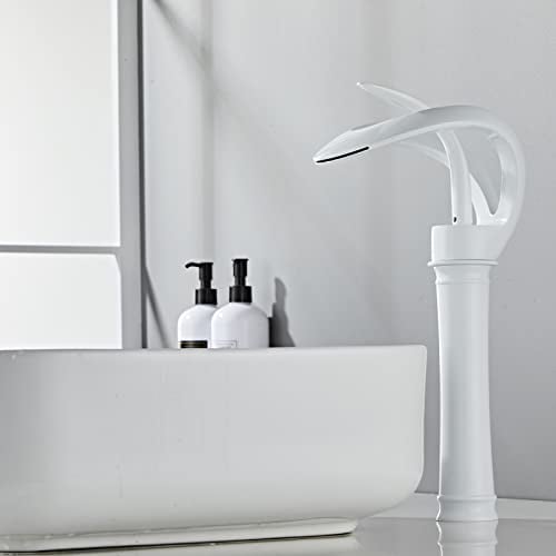 Robinet de Lavabo Cascade, Mitigeur Cascade, Robinet Salle de Bains Monotrou Sur Plage, Cartouche Céramique, Robinetterie Lavabo Design Elégant,Blanc,Haut