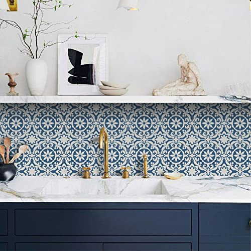 Alwayspon Tile Sticker, Blue Moroccan Self Adhesive Stick on Tiles Transfer Sticker for Bathroom Kitchen, Splashback for Cooker, Peel and Stick Adhesive Vinyl Wall Tiles Sticker, 10PcsX15cm/6inch