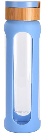 HYDRATE Bottles | Clear and Transparent 650ml Water Bottle with Light Blue Silicone Sleeve - BPA-Free - Stylish and Functional Glass Bottle - Leak-proof and Ideal for Outdoor Adventures and Daily Use