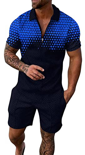 Ensemble Chemise et Short pour Hommes Tenues d'été Costume décontracté à Manches Courtes pour Hommes 2 pièces Ensemble de survêtement Shorts sous-vêtements Poids Lourds Hommes (Blue, S)