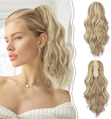 Sofeiyan Pferdeschwanz Verlängerung Clip in Klaue Haarteil Ponytail Haarverlängerung Langer Gewellt lockiger Pferdeschwanz mit Klammer Haarverlängerung Kunsthaare Hitzebeständig für Frauen, Blond