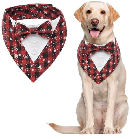 MHaustlie Hundehalstuch Weihnachten, Hunde Smoking Bandana, Formale Haustier Smoking Fliege, Verstellbar Haustier Anzug Fliege Bandana für Hochzeit Geburtstag Halloween Weihnachten(L, Schneeflocken)