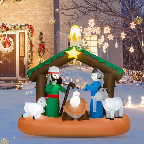 GOPLUS 180 CM Belén Navidad Inflable, Decoración Navidad Exterior Hinchable de Escena del Nacimiento de Jesús con 7 Luces LED, Adornos Grande para Jardín Patio Césped