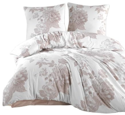 ZIRVEHOME Bettwäsche 200x220 weiß 3 teilig Set 100% Baumwolle bettbezug braun geblümt Kissenbezug 80x80 cm. Rohan V2