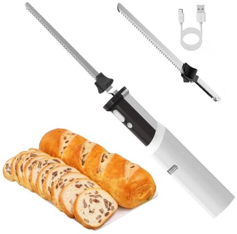 QUTBAG Coltello Elettrico da Intaglio Coltello da Pane, Coltello per Affettare Carne Ricaricabile Senza Fili, con 2 Lame Seghettate Rimovibili, Lampada a LED e Pulsante di Blocco di Sicurezza