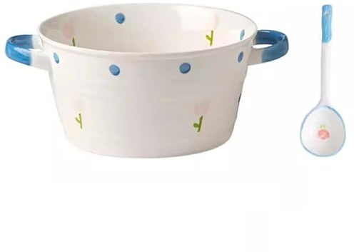 67Oz Large Serving Soup Pot with Spoon, Ceramic Soup Crocks for French Onion Soup, Cereal, Microwave and Oven Safe, White and Blue Deep Bowl