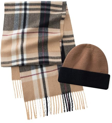 CALVIN & OLIVIA Weicher Kaschmir-Schal, Unisex, klassischer Winterschal für Männer und Frauen, Karomuster in brillantem Kamelschwarz / Weiß / Burgunderrot, Standard