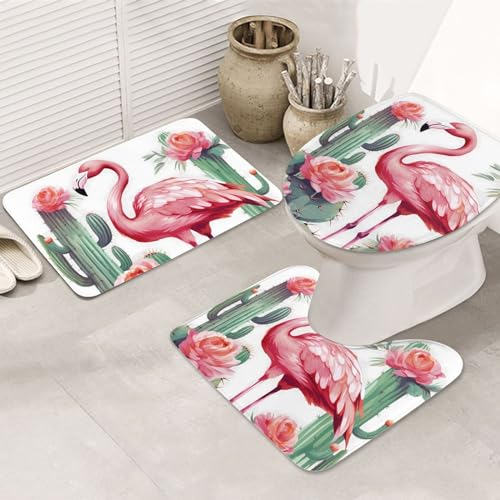 Kaktus Flamingo Rose Blumen Drucken Badezimmer Teppiche Sets Weich Saugfähig Badvorleger Waschbar Rutschfest Badteppich Plüsch Shaggy Badematten U-förmige Kontur Toilettenteppich für Badezimmer Boden