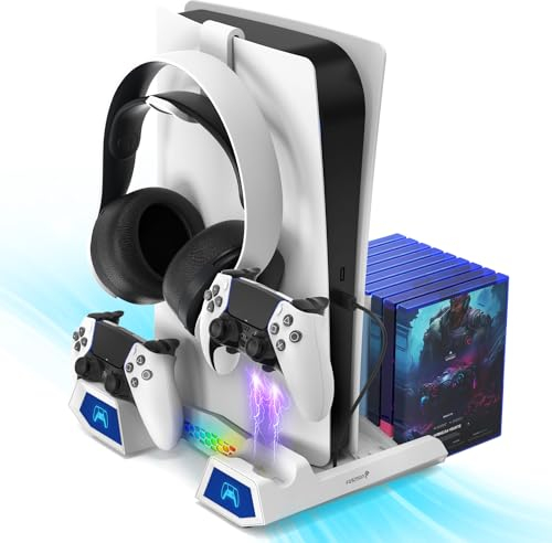 Fosmon PS5 Stand and Cooling Station with RGB LED Light, Dual Charging Station for DualSense/Edge Controller, 10 Game Slots, Headset Holder (Compatible with Playstation 5 Slim Disc & Digital Version)