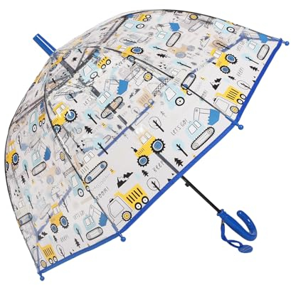 Meichoon Kinder-Regenschirm mit Bulldozer-Muster Klares Sichtfeld Griffiger Wind- und Regenschutz mit Namensschild Dunkelblau