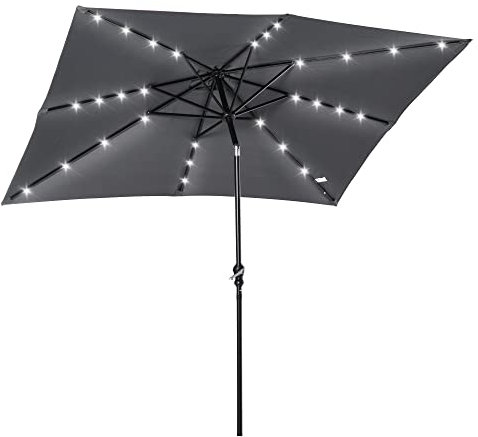 Outsunny Sombrilla Terraza Exterior 268x205x248 cm Sombrilla de Jardín con Techo Inclinable hasta 45° Luces LED Solares Poste de Acero y Manivela Parasol para Patio Terraza Gris Oscuro