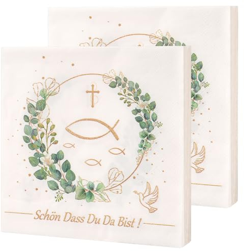 40 Stück Servietten Kommunion, Weiß Servietten Schön Dass Du Da Bist 3-Lagige, Kommunion Deko Eukalyptus Fisch, Konfirmation Tischdeko für Taufe Hochzeit Geburtstag 33 x 33cm