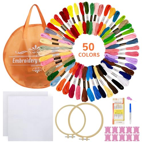 Kit Bordado Principiantes, Kits Para Bordar Inicio, Embroidery Kit, Hilos De 50 Colores, 2 Tela Para Bordar, 2 Bastidor Para Bordar, Punto De Cruz Completo Para Adultos, Bricolaje Manualidades