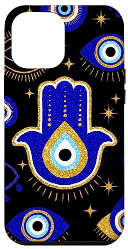Evil Eye Hamsa Hand Pattern Blue Yellow On Black Case for iPhone 13 Pro Max