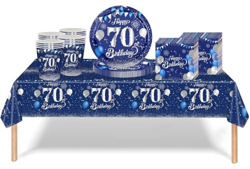 53Pcs Navy Blue and Sliver 70th Birthday Party Tableware Decorations,70th Birthday Table Cloth Plates and Napkins Cups Sets for Women Him Men Birthday Table Decor for 70th Birthday Gifts Dinnerware