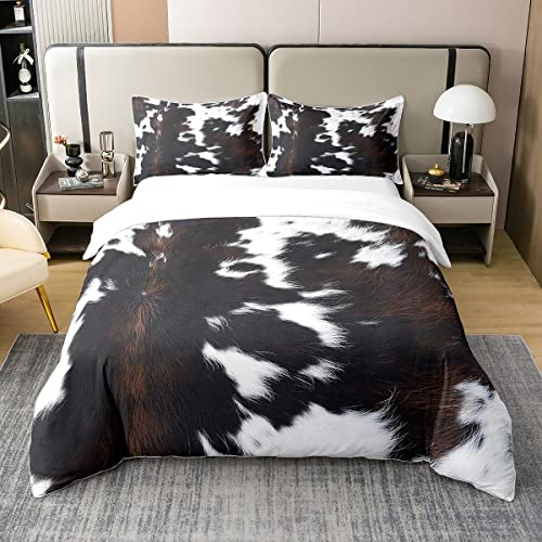 Loussiesd Kuhfell 100% Baumwolle Bettwäsche Set 200x200cm Kinder Kuhfell Leder Haar Betten Set Frauen Weiche Baumwolle Weiche Rustikale Kuhfell Dekor Bettbezug Set Braun Bauernhaus Bettwäsche 3Stück