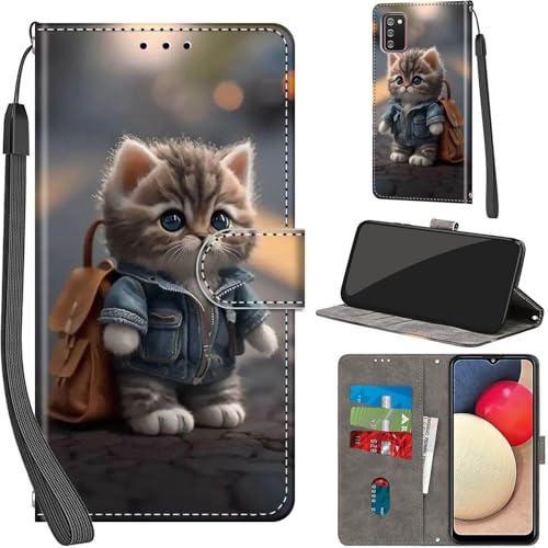 Handyhülle für Samsung Galaxy A02s Hülle, Katze | PU Leder, Klappbar, Kartenfächer, Ständer, Kameraschutz, Brieftasche, Magnet, Stoßfeste, Muster Motiv