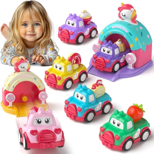 usrela Cartoon Baby Cars Toys for 1 2 3 Year Old Girl, First Birthday Gifts for Toddler Girl Toys Age 1-2, Pull Back Car Set with Projectile, 6PCS Car for 1 2 Year Old Girls