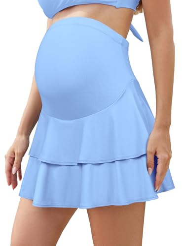 SHEKINI Falda de maternidad con volantes por encima y debajo del vientre, cintura alta, pantalones cortos deportivos para embarazo, pantalones cortos integrados para tenis y golf, azul claro, XL
