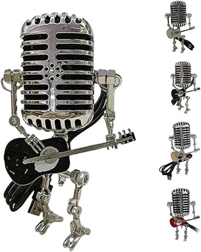 Nihexo Mic Rockbot, Retro Style Microphone Robot Table Lamp, Metal Microphone Robot Desk Lamp with Mini Guitar (Black)