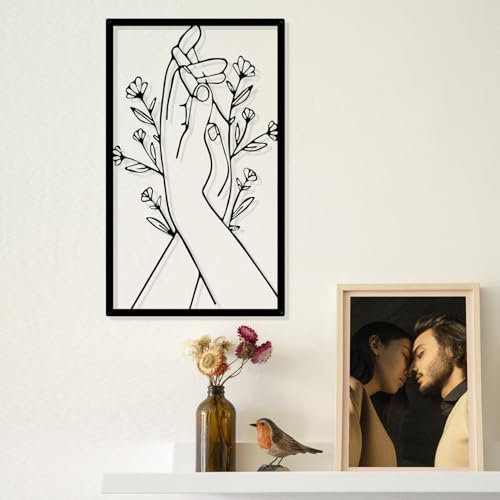 Minimalistische Blumen und Hand Linie Metall Wanddekor,Paar hält Hand Abstrakte Liebe Malerei,Wand Kunst Skulptur Zeichen,Schlafzimmer Bad Wohnzimmer Startseite Wandbehang Kunst