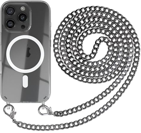 EAZY CASE - Handykette kompatibel mit iPhone 16 Pro Kette zum Umhängen Stoßfest Handyhülle für Apple iPhone 16 Pro Silikon Hülle mit Band Handytasche Transparent als Fallschutz in Metall - Anthrazit