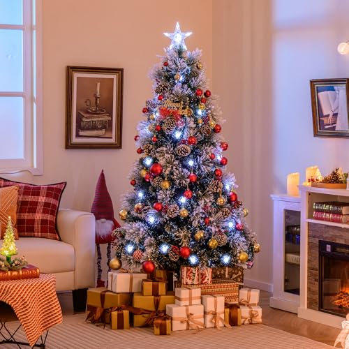 COSTWAY Sapin de Noël Floqué 180 cm, Sapin de Noël Artificiel Lumineux LED, 220 Pointes de Branches, 24 Grappes de Baies Rouges, 24 Pommes de Pin Naturelles, 63 Lumières LED, 8 Modes d'Eclairage