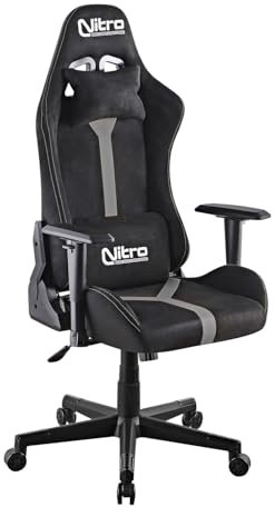 Brigros Nitro – Ergonomischer Gaming-Stuhl, Bürostuhl aus Wildleder, drehbarer Gaming-Stuhl mit Lendenkissen, Kopfstütze, Armlehnen, Verstellbarer Gaming-Schreibtischstuhl Nathan (Grau/Schwarz)