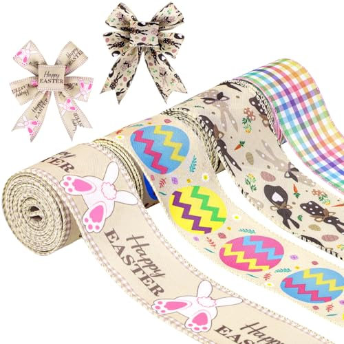 4 x Osterbänder mit Draht, Haseneier, Jutebänder für Geschenkverpackungen, Korb, Kranz, Basteln, 22 Meter