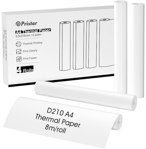 Pristar D210 Thermopapier A4, 4 Rollen 210mm x 297mm Thermodrucker Papier A4, Kompatibel mit D210 Thermodrucker, Geeignet für Reisen, Zuhause, Rechnungen, Verträge, Fotos, 26 Blatt/Rolle
